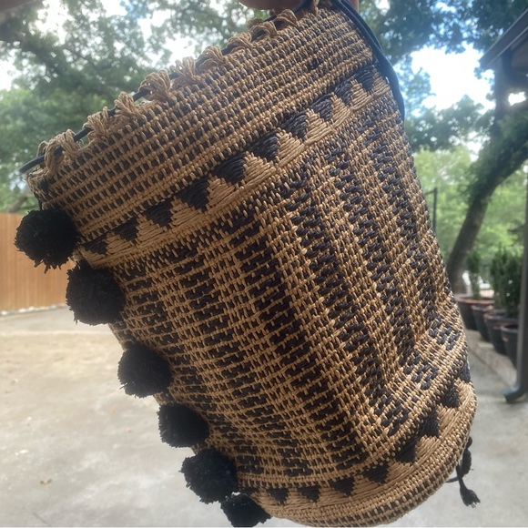 Zara Handmade Woven Pom Pom Detail, Lined Interior, Drawstring Backpack Bag - Picture 2 of 5